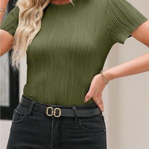 Olive Green Short Sleeve Textured Women's Top (XXL)